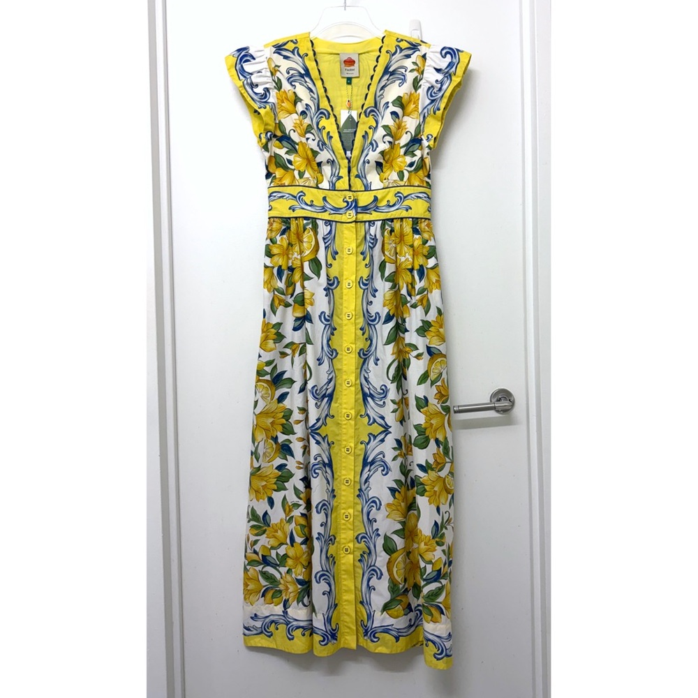 NWT Farm Rio Sicily Scarf Lemon Print Maxi Dress Yellow Fruit Flutter Sleeve M - Picture 2 of 12